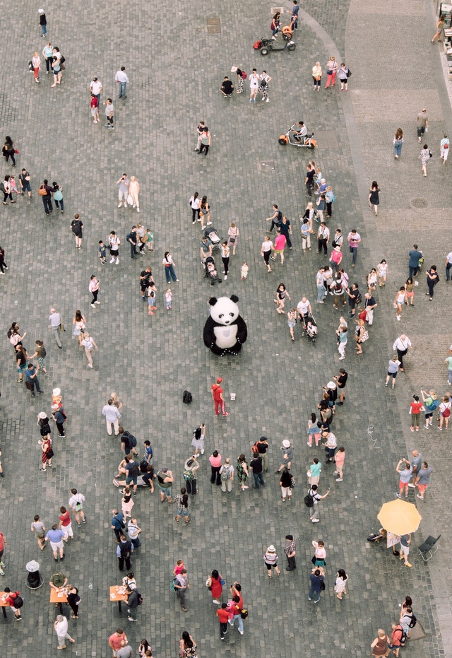 Ένα μασκότ panda στο κέντρο της φωτογραφίας και γύρω του διάσπαρτοι άνθρωποι που το κοιτούν